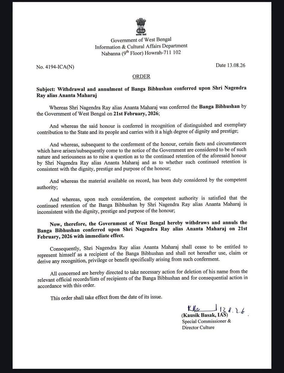 Banga Bibhushan Award Withdrawn from BJP MP Anant Maharaj Over Netaji Remarks